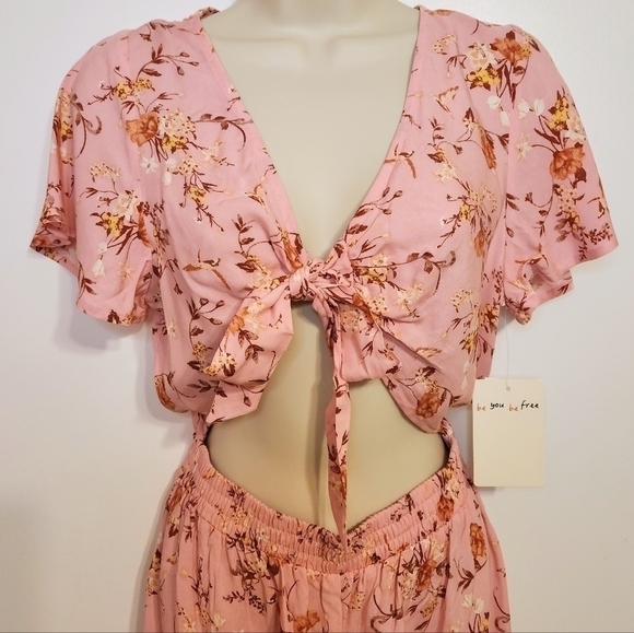 Bebop Floral Print Tie Front Cutout Romper Pink Medium - Picture 4 of 11
